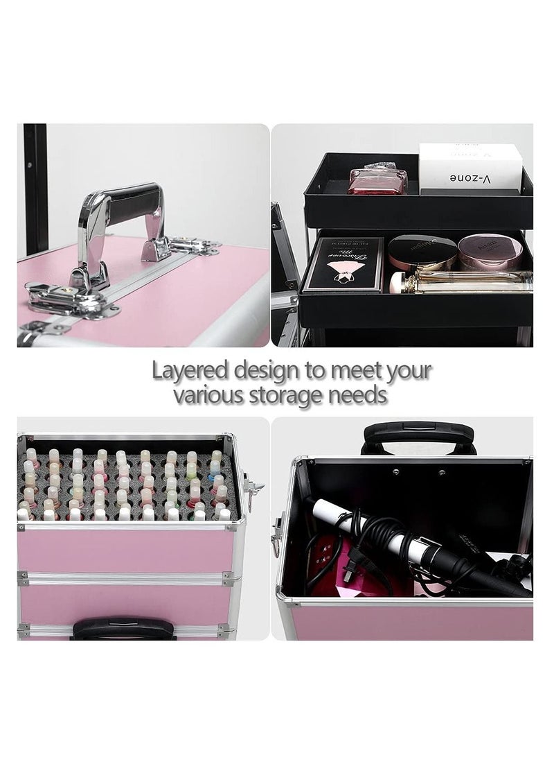 Professional cosmetic case, portable rolling trolley cosmetic case, lockable jewelry travel cosmetic storage case with 4 wheels - Image 3