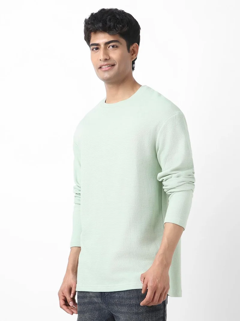 Urbano Fashion  Urbano Fashion Men's Pastel Green Textured Round Neck Oversized Full Sleeve Cotton T-Shirt  | Best Price UAE