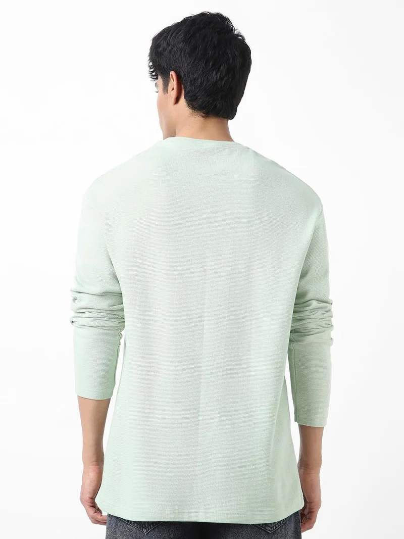 Urbano Fashion  Urbano Fashion Men's Pastel Green Textured Round Neck Oversized Full Sleeve Cotton T-Shirt  | Best Price UAE