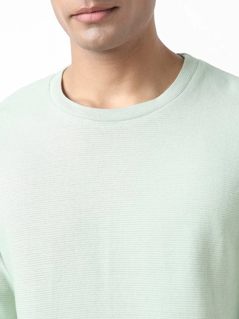 Urbano Fashion  Urbano Fashion Men's Pastel Green Textured Round Neck Oversized Full Sleeve Cotton T-Shirt  | Best Price UAE