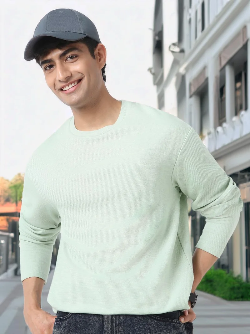 Urbano Fashion  Urbano Fashion Men's Pastel Green Textured Round Neck Oversized Full Sleeve Cotton T-Shirt  | Best Price UAE