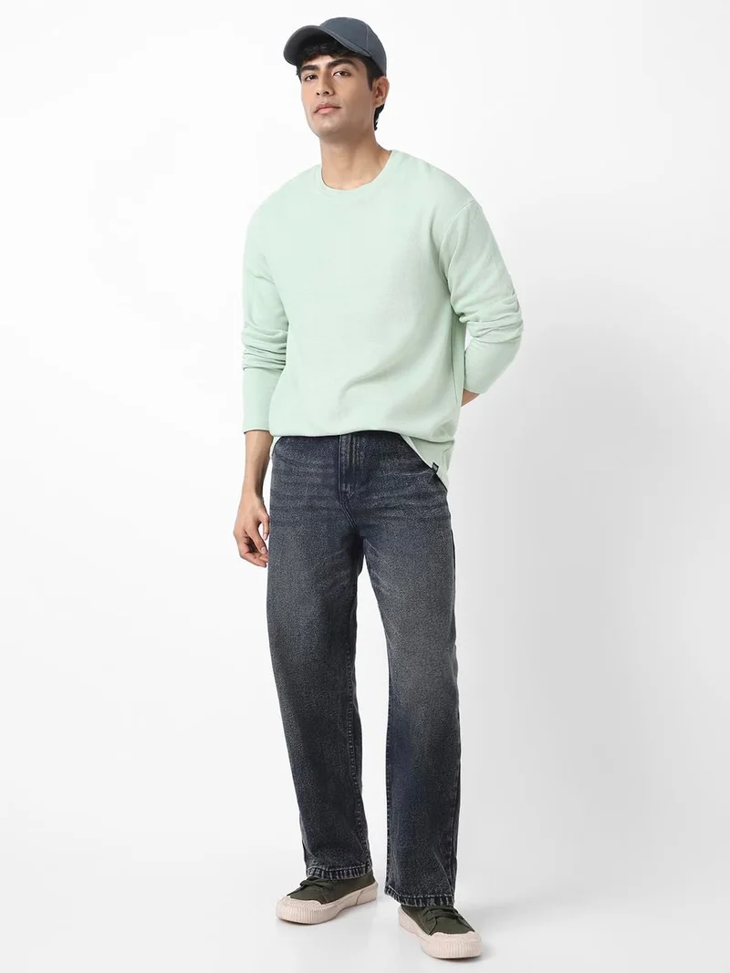 Urbano Fashion  Urbano Fashion Men's Pastel Green Textured Round Neck Oversized Full Sleeve Cotton T-Shirt  | Best Price UAE