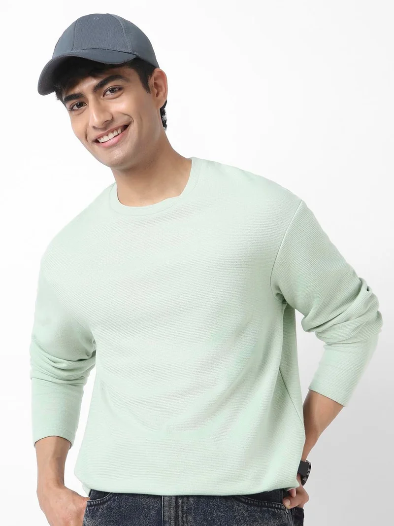 Urbano Fashion Men's Pastel Green Textured Round Neck Oversized Full Sleeve Cotton T-Shirt