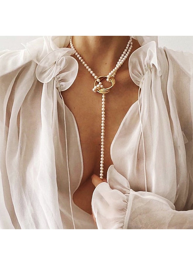 Depend - Long Pearl Necklaces, Costume Jewellery For Women, Retro Metal Pearl Necklace Elegant Lady White Artificial Pearls Long Sweater Chain Beaded Necklace, 31 In Faux Pearls Art Fashion Lovely - Image 1