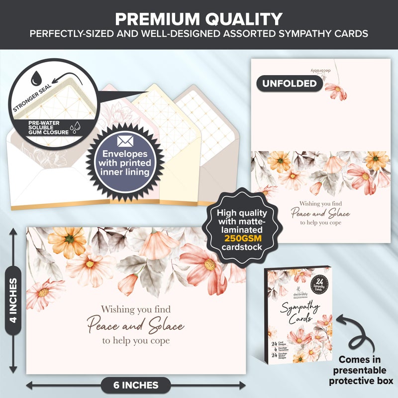 Decorably 24 Pack 6x4in Assorted Sympathy Cards with Envelopes and Stickers, 24 Unique Designs Sympathy Cards Assortment Box with Envelopes with Printed Message Inside - Bereavement, Condolences - Image 3