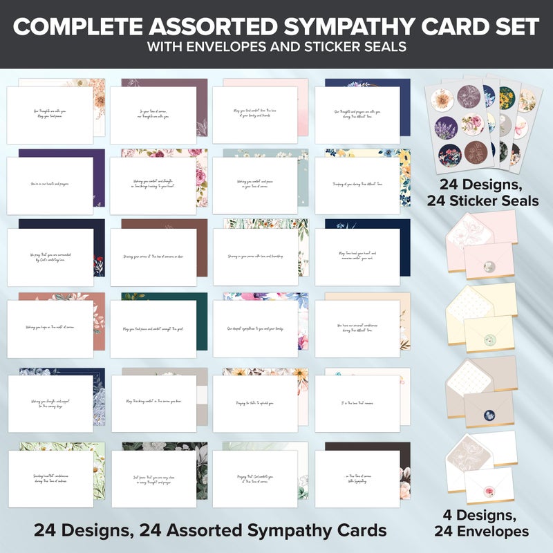 Decorably 24 Pack 6x4in Assorted Sympathy Cards with Envelopes and Stickers, 24 Unique Designs Sympathy Cards Assortment Box with Envelopes with Printed Message Inside - Bereavement, Condolences - Image 2