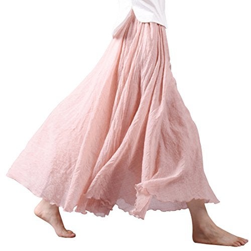 Kafeimali Women Bohemian Cotton Linen Double Layer Elastic Waist Long Maxi Skirt (P, 85CM-Length) - Image 1