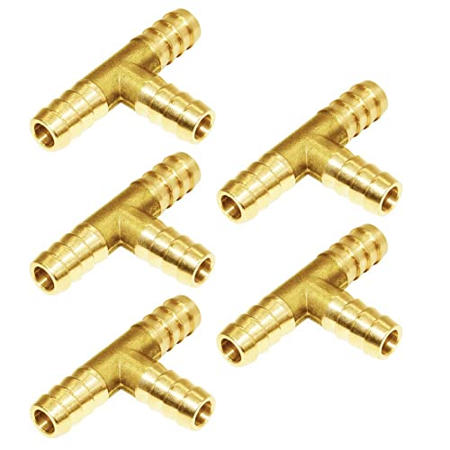 Joywayus Brass 1/4" Barb Tee Fittings T-Shaped 3 Ways Union 1/4" Hose Pipe Fitting for Water/Fuel/Air (Pack of 5) - Image 1