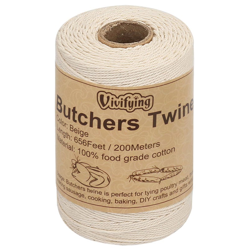 Vivifying Butchers Twine 656 Feet 3Ply Food Safe Cotton Bakers Twine String For Tying Meat Making Sausage Trussing Turkey Roasting Cooking And Packing(Beige)