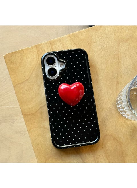 For Iphone 14 Mobile Phone Case 16 Love Stand Pink IMD Soft Case For Iphone15ProMax Women Simple Ins-Color:Black Polka Dots + Red Heart-Applicable Model:For Iphone 15ProMax
