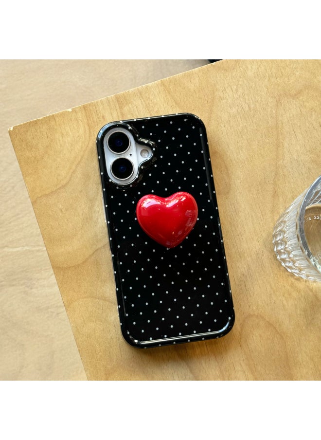 Generic - For Iphone 14 Mobile Phone Case 16 Love Stand Pink IMD Soft Case For Iphone15ProMax Women Simple Ins-Color:Black Polka Dots + Red Heart-Applicable Model:For Iphone 15ProMax - Image 1