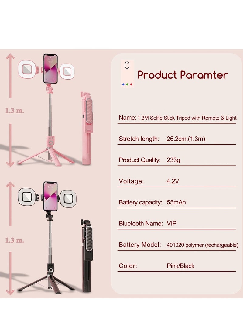 Generic - Telescopic Tripod Selfie Stick Bluetooth Remote Adjustable, for Selfies and Videos, Pink - Image 1