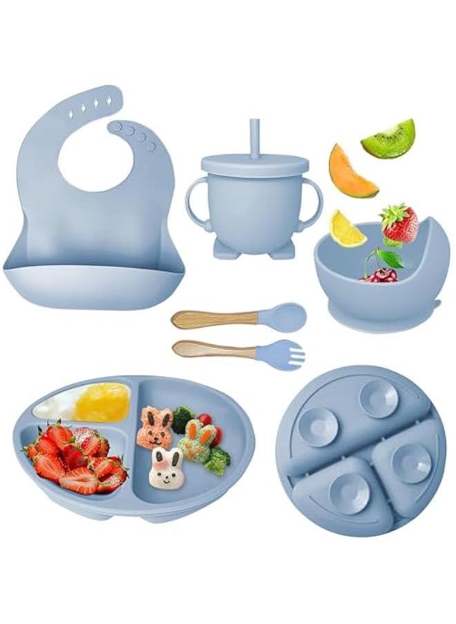 HOOKOR Silicone Baby Feeding Set, Baby Eating Utensils, BPA Free, Baby Led Weaning Supplies with Suction Bowl Divided Plate, Toddler Self Feeding Dish Set with Spoons Forks Sippy Cup Adjustable Bib (Blue)  - Image 1