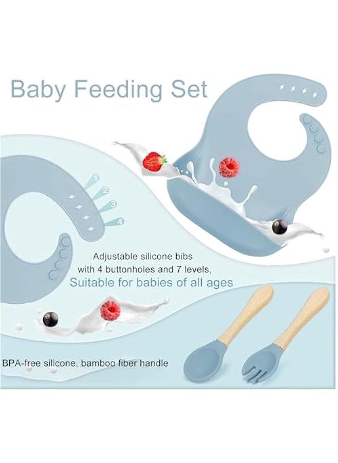 HOOKOR Silicone Baby Feeding Set, Baby Eating Utensils, BPA Free, Baby Led Weaning Supplies with Suction Bowl Divided Plate, Toddler Self Feeding Dish Set with Spoons Forks Sippy Cup Adjustable Bib (Blue)  - Image 2