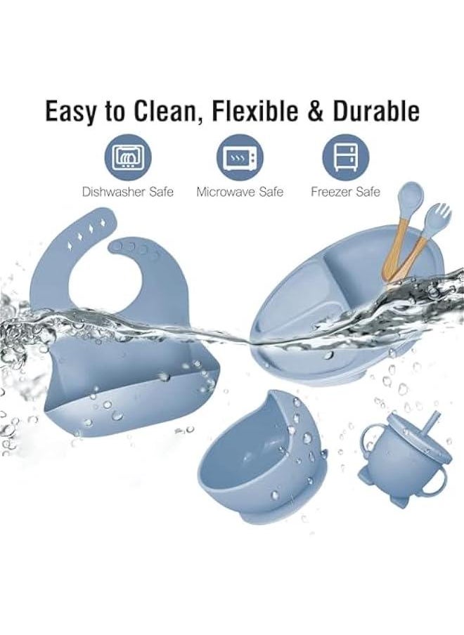 HOOKOR Silicone Baby Feeding Set, Baby Eating Utensils, BPA Free, Baby Led Weaning Supplies with Suction Bowl Divided Plate, Toddler Self Feeding Dish Set with Spoons Forks Sippy Cup Adjustable Bib (Blue)  - Image 3