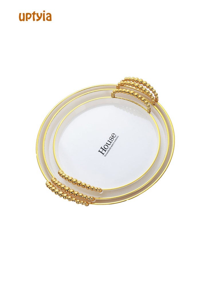 أوبتيا مجموعة من 3 أطباق تقديم مستديرة بمقابض ذهبية صينية تقديم للحفلات أطباق بيضاء طبق كبير للترفيه والعشاء والحفلات وحفلات الزفاف - Image 1