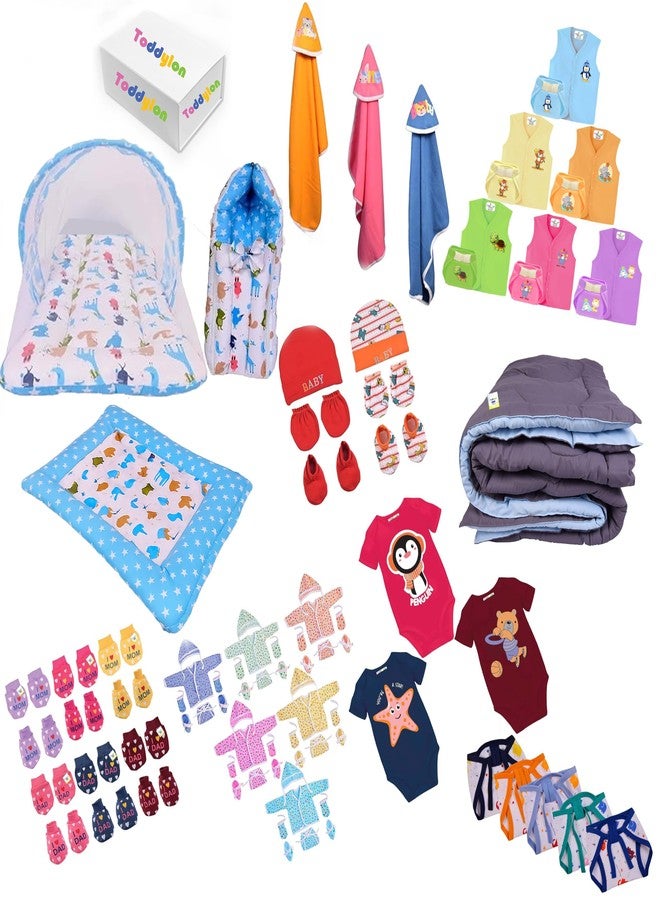 Toddylon 79 in 1 New Born Baby Products All Complete Daily Essentials Combo for Baby Boys & Baby Girls | Gift Packs | Bedding & Clothing | Hospital Kit | Baby Shower (0-6 Months) Blue - Image 1