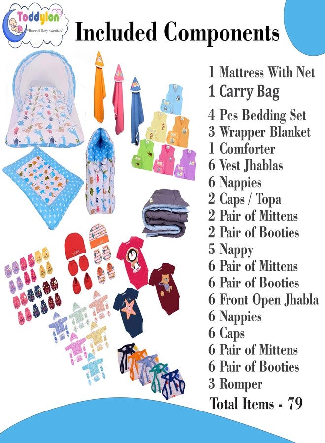 Toddylon 79 in 1 New Born Baby Products All Complete Daily Essentials Combo for Baby Boys & Baby Girls | Gift Packs | Bedding & Clothing | Hospital Kit | Baby Shower (0-6 Months) Blue - Image 3
