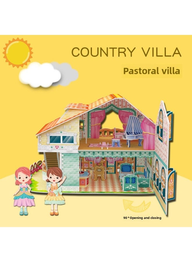 رائجة البيع بيت الدمية فيلا رعوية حلوة الوالدين والطفل كوخ ثلاثي الأبعاد نموذج لغز ألعاب الأطفال-اللون: فيلا رعوية-تغليف باللغة الإنجليزية - Image 5