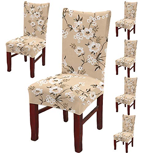 BRIDA ® Polyester and Polyester Blend Stretchable Floral Printed Elastic Dining Chair Covers (Beige Flowers, Standard) - Image 1