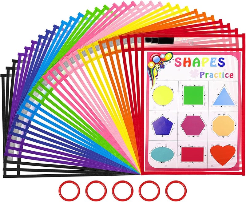 Dry Erase Pocket, Assorted Colors, Ticket Holders, Clear Reusable Plastic Sleeves, Plastic Sheet Protectors for Classroom, School, Office, Home for Teachers, Students (30) - Image 1