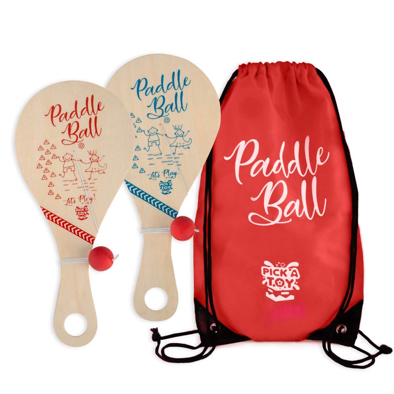Pick A Toy Wooden Paddle Ball Set of 2 with Red Carry Bag Indoor Outdoor Toy Fun and Classic Paddleball Game for Boys and Girls Party Favor Toys Ages 4 - Image 2
