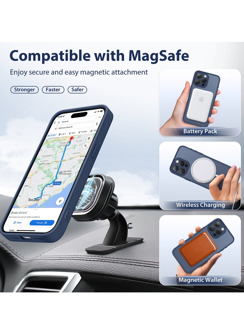 تونجيت جراب مغناطيسي لهاتف iPhone 15 Pro Max بتصميم حامل غير مرئي دوّار 360°، مقاوم للصدمات والسقوط، حماية كاملة للجسم، مصنوع من مادة شفافة عالية القوة، متوافق تمامًا مع MagSafe، باللون الأزرق البحري.  - Image 4