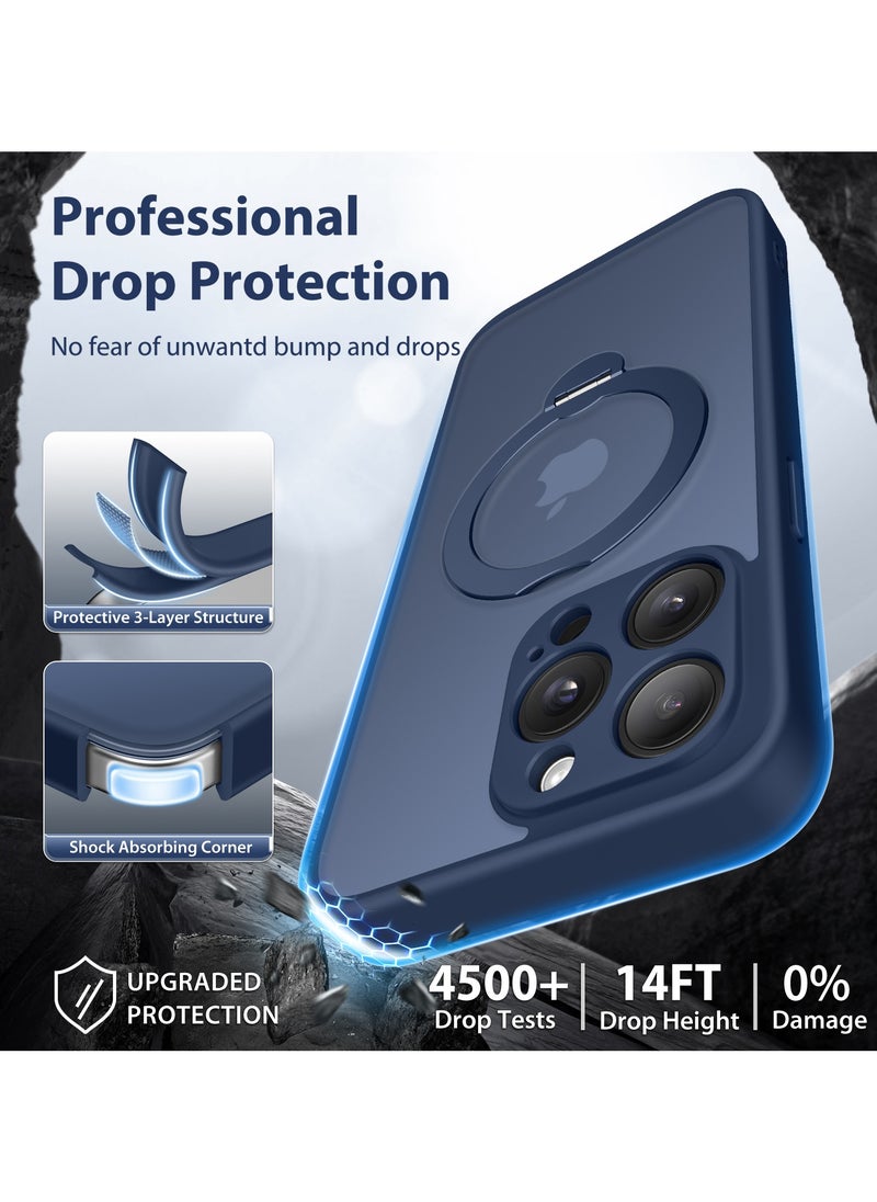 تونجيت جراب مغناطيسي لهاتف iPhone 15 Pro Max بتصميم حامل غير مرئي دوّار 360°، مقاوم للصدمات والسقوط، حماية كاملة للجسم، مصنوع من مادة شفافة عالية القوة، متوافق تمامًا مع MagSafe، باللون الأزرق البحري.  - Image 5