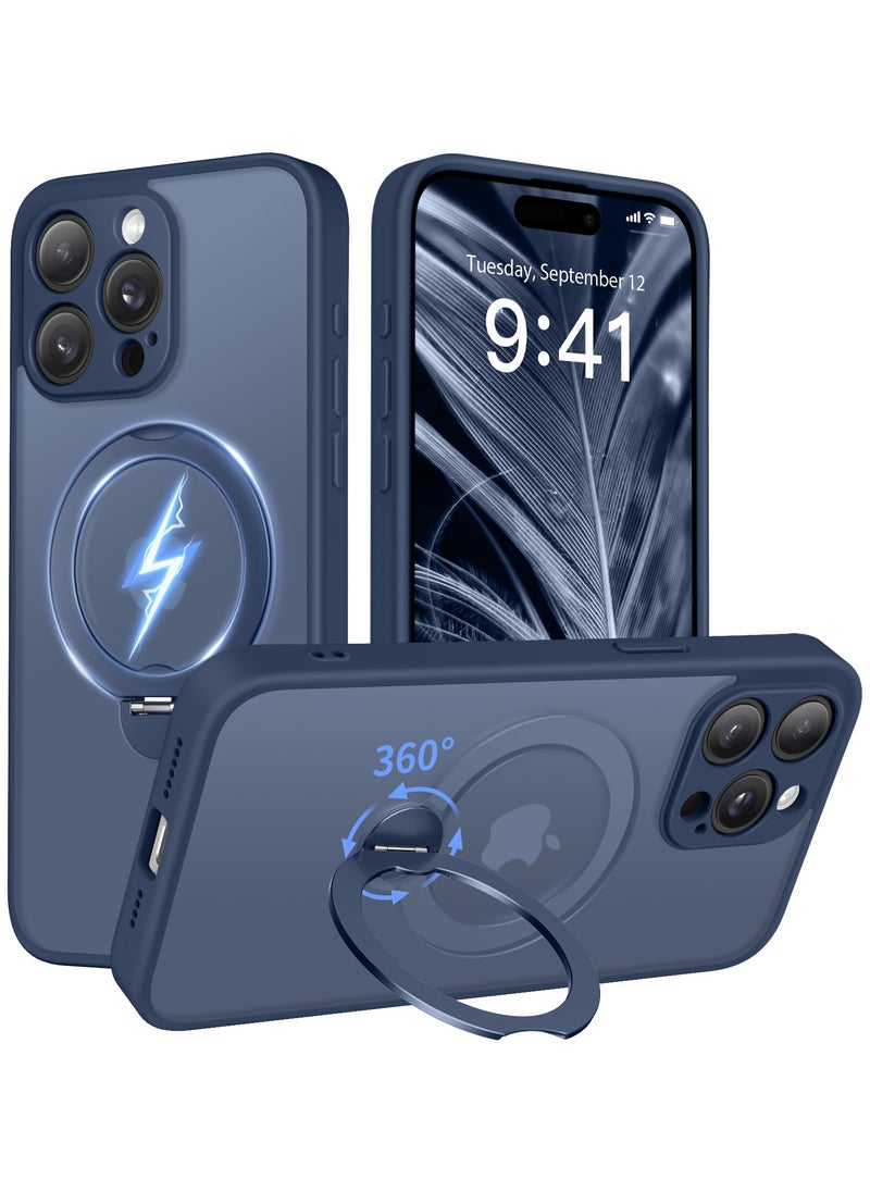 تونجيت جراب مغناطيسي لهاتف iPhone 15 Pro Max بتصميم حامل غير مرئي دوّار 360°، مقاوم للصدمات والسقوط، حماية كاملة للجسم، مصنوع من مادة شفافة عالية القوة، متوافق تمامًا مع MagSafe، باللون الأزرق البحري.  - Image 1