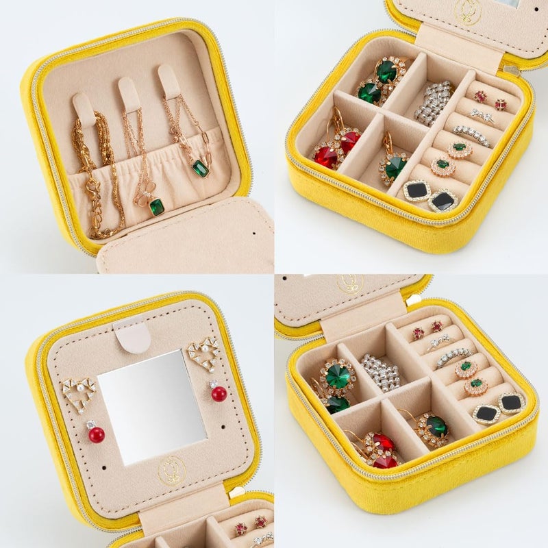 ZPROW Plush Velvet Travel Jewelry Case, Organizer, Box, Small Case for Women, Earring Organizer with Mirror, Best Gifts For Daughter, Girlfriend, Mom | Gifts For Her - Yellow - Image 3