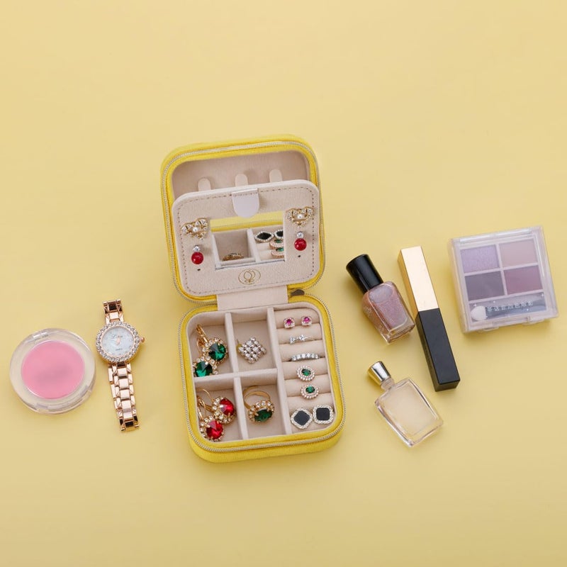 ZPROW Plush Velvet Travel Jewelry Case, Organizer, Box, Small Case for Women, Earring Organizer with Mirror, Best Gifts For Daughter, Girlfriend, Mom | Gifts For Her - Yellow - Image 5