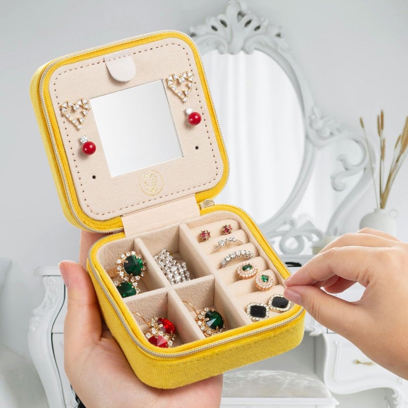 ZPROW Plush Velvet Travel Jewelry Case, Organizer, Box, Small Case for Women, Earring Organizer with Mirror, Best Gifts For Daughter, Girlfriend, Mom | Gifts For Her - Yellow - Image 2