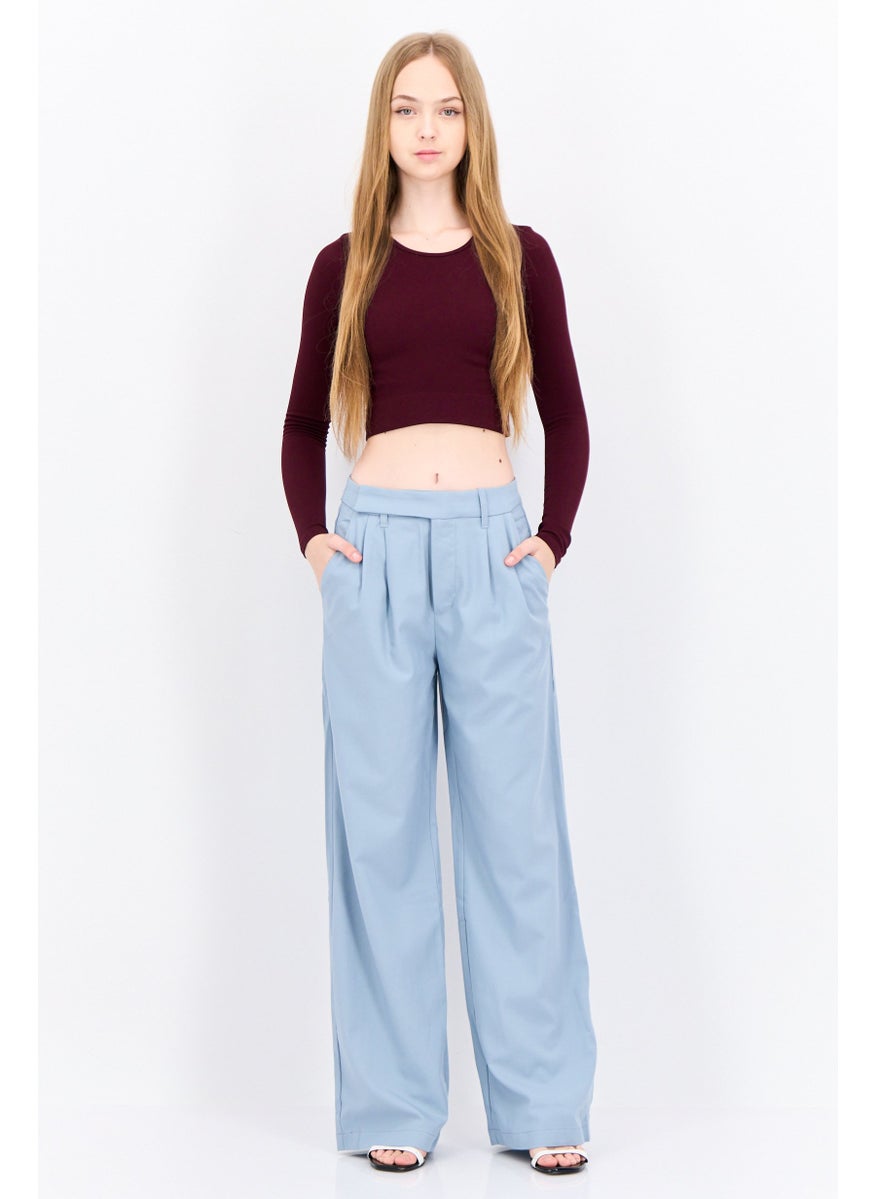 NIA Women Regular Fit Wide Leg Plain Pants, Light Blue  - Image 4