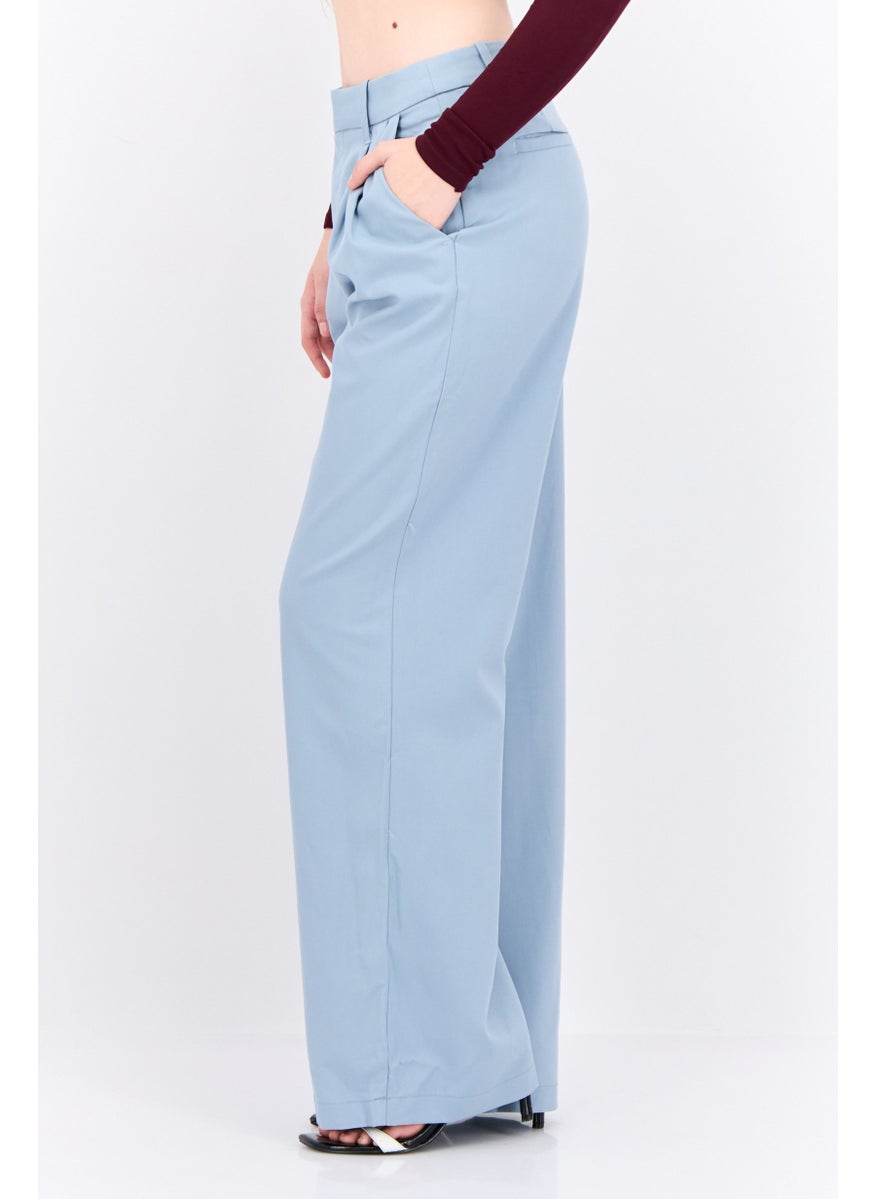 NIA Women Regular Fit Wide Leg Plain Pants, Light Blue  - Image 2