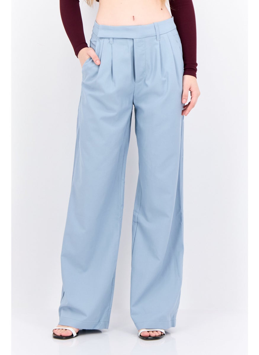 NIA Women Regular Fit Wide Leg Plain Pants, Light Blue  - Image 1