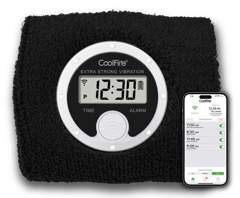 Coolfire - Vibrating Alarm Clock Sweatband, Silent Wake Yourself Up Wristband Vibrating Alarm Watch for Couples, Students, Easy to Set on User-Friendly App, Hearing Impaired, USB Chargeable (Black) - Image 1