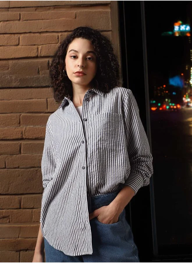 هوبرهولمي Women Oversized Fit Striped Casual Shirt