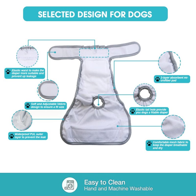 Qpets® حفاضات للكلاب الإناث، عبوة 2 للاستخدام المنزلي، حفاضات ناعمة قابلة لإعادة الاستخدام للكلاب الإناث، امتصاص الماء 160 مل، حفاضات مريحة قابلة لإعادة الاستخدام للكلاب الإناث والجرو (L، محيط الخصر الموصى به 19''-27'') - Image 3