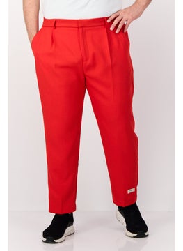 Men Regular Fit Brand Logo Straight Leg Pants, Red