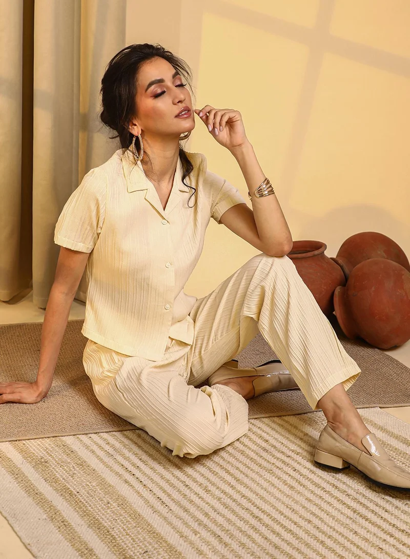 Pinacolada  Women's Pale Yellow Textured Co-Ord Set for Women | Best Price UAE
