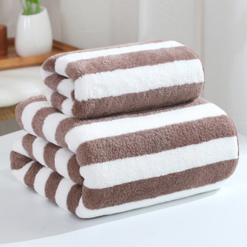 Adult Bath Towel Absorbent Body Wrap Facial Hair Shower Towel Large Beach Towel 75cm x 35cm, Khaki Strip - Image 1