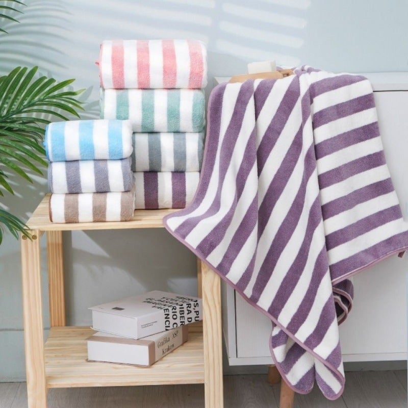 Adult Bath Towel Absorbent Body Wrap Facial Hair Shower Towel Large Beach Towel 75cm x 35cm, Khaki Strip - Image 2