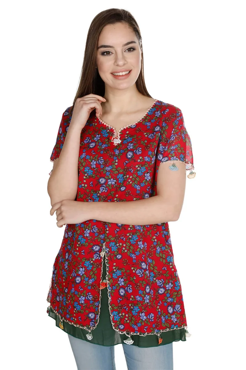 Akbeniz Short Sleeve Ceyda Voile Blouse Red 6164