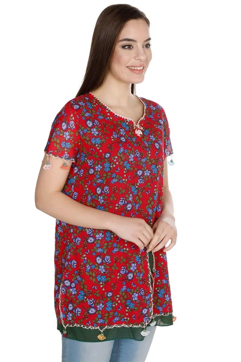Akbeniz Short Sleeve Ceyda Voile Blouse Red 6164