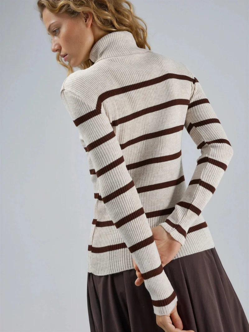 MY FASHION Stone Natural MY FASHION Fitted Striped Ribbed Turtleneck Sweater for Women | Best Price UAE