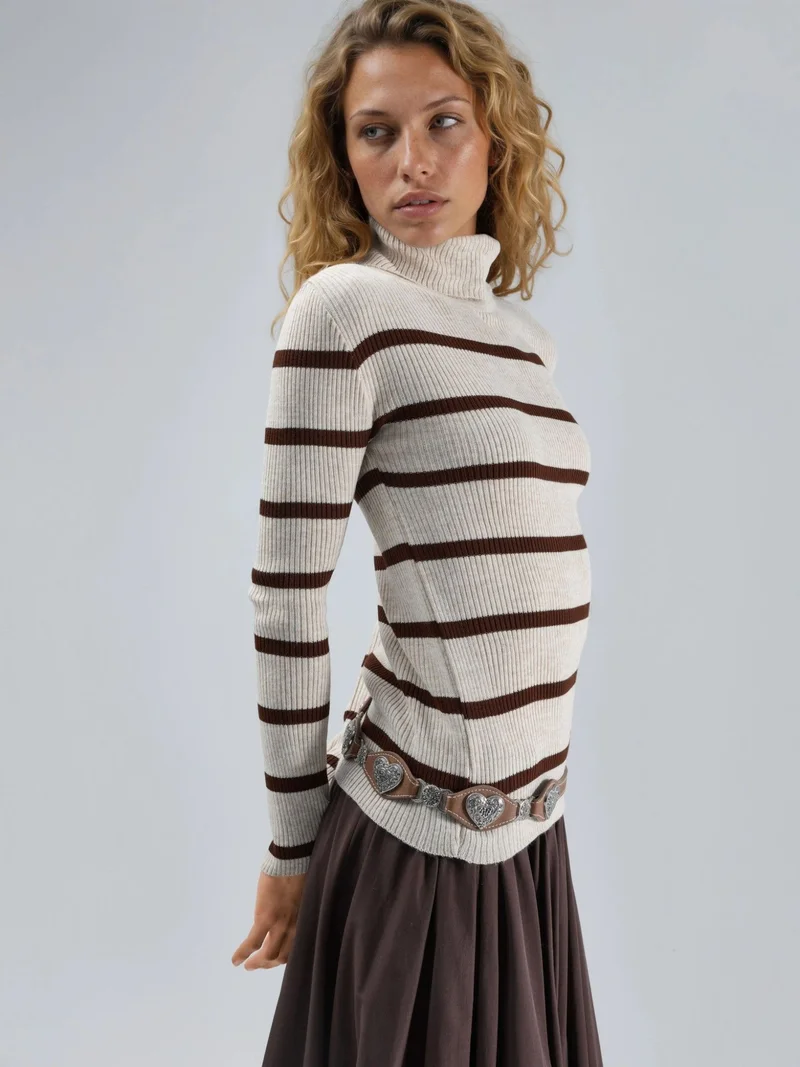 MY FASHION Stone Natural MY FASHION Fitted Striped Ribbed Turtleneck Sweater for Women | Best Price UAE