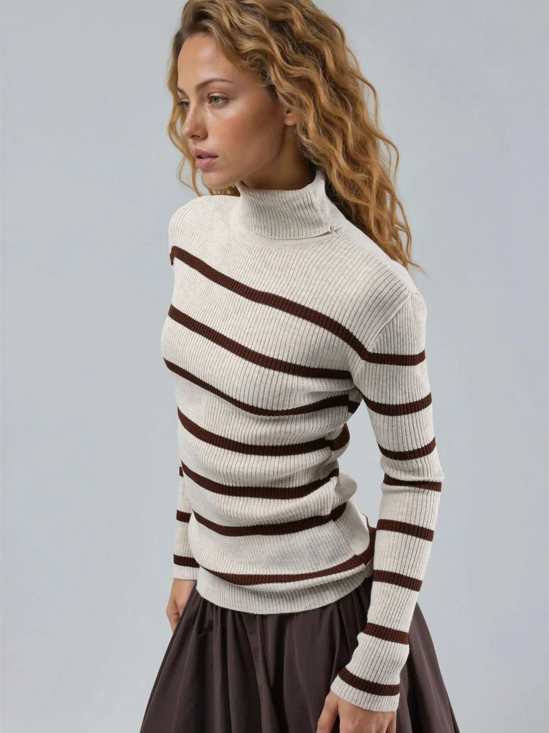MY FASHION Stone Natural MY FASHION Fitted Striped Ribbed Turtleneck Sweater for Women | Best Price UAE
