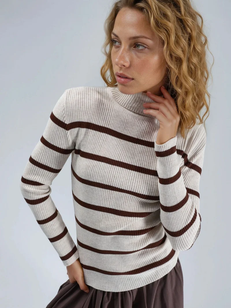 MY FASHION Fitted Striped Ribbed Turtleneck Sweater