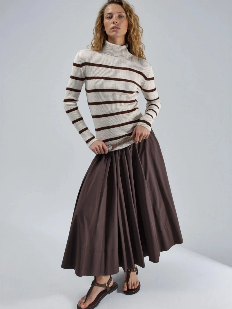 MY FASHION Stone Natural MY FASHION Fitted Striped Ribbed Turtleneck Sweater for Women | Best Price UAE