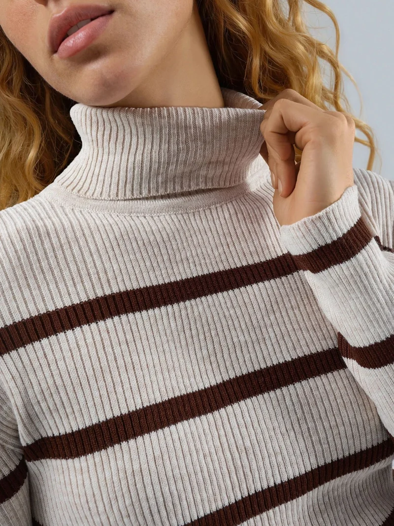 MY FASHION Stone Natural MY FASHION Fitted Striped Ribbed Turtleneck Sweater for Women | Best Price UAE